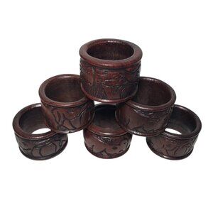 Vtg 6 Hand-Carved Ebony Wood Napkin Rings Rustic Animal Design Elephant Rhino